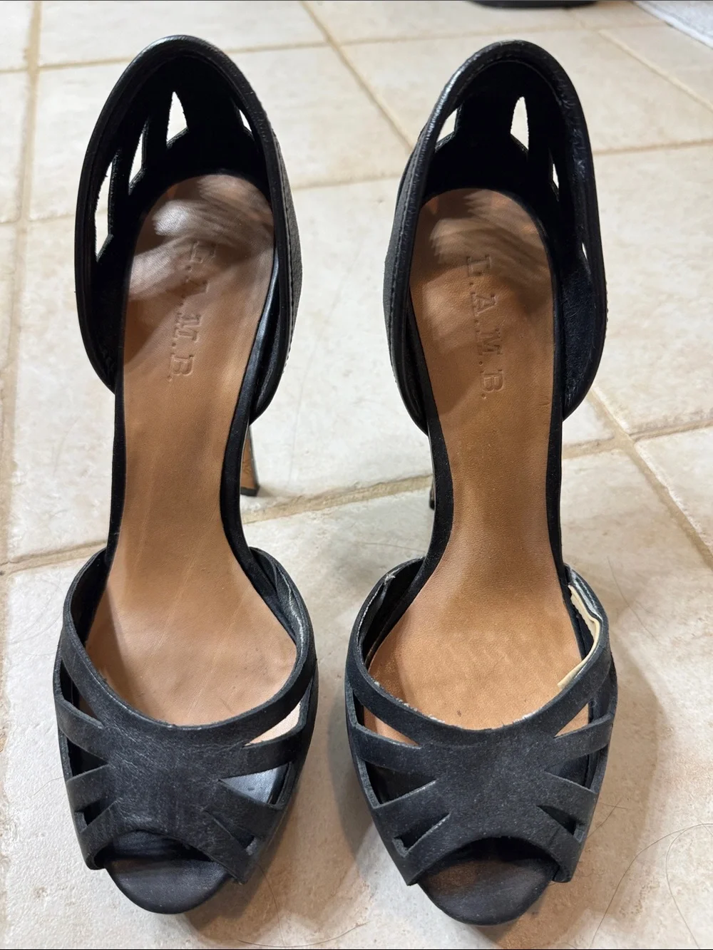 L.A.M.B. Black Cutout Open-Toe Stiletto Heels